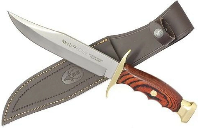 Lovecký nôž Muela BW-18 s čepeľou 18 cm z ocele MoVa, koralové drevo Pakka, mosadz, kožené puzdro
