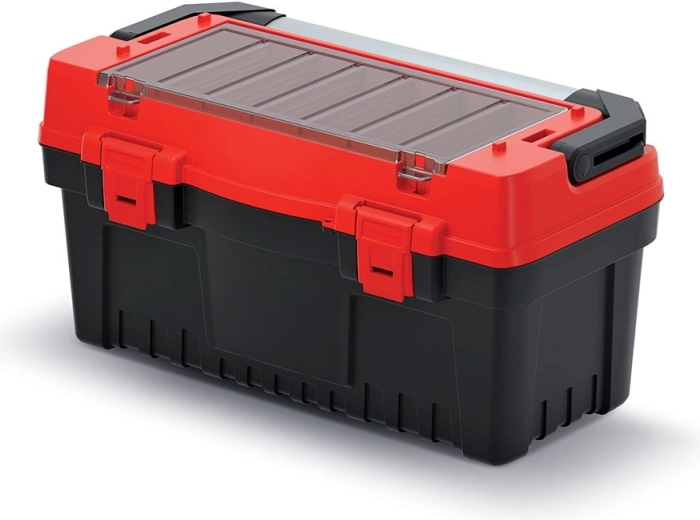 Kufor na náradie EVO s kovovou rukoväťou, prepážkami a organizérom, 548 × 274 × 286 mm – červený