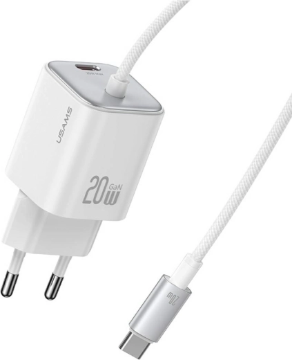 USAMS séria JC 20 W GaN mini nabíjačka 2× USB‑C s integrovaným USB‑C káblom biela