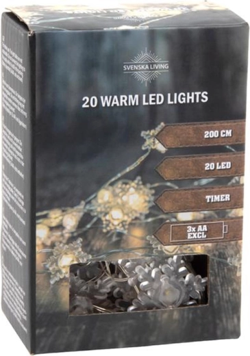 Svetelný reťaz s časovačom, 20 LED vločky, 200 cm