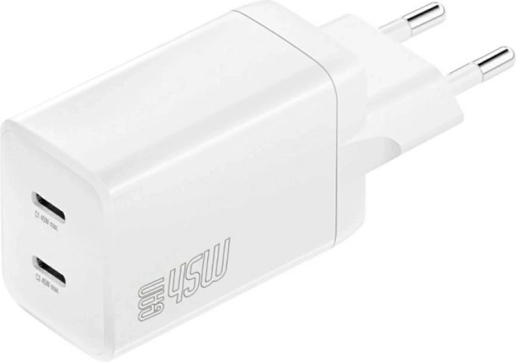 Sieťová nabíjačka 4smarts PDPlug Dual 45W GaN, 2× USB‑C, biela