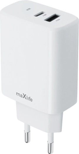 Nabíjačka do siete MAXLIFE 30 W s USB‑C PD a USB‑A QC, biela
