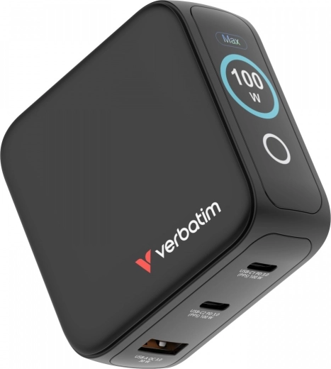 Verbatim mini GaN nabíjačka 100 W s inteligentným TFT displejom, 2× USB-C + USB-A, adaptéry EU/UK/USA