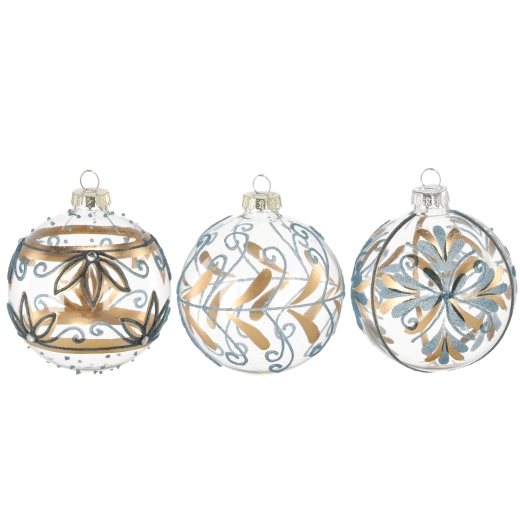Sklenená vianočná guľa modro‑zlatá 8 cm, sada 12 ks