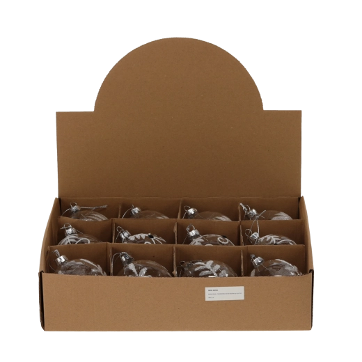 Sklenená vianočná guľa 8 cm transparentná, mix vzorov (balenie 12 ks)