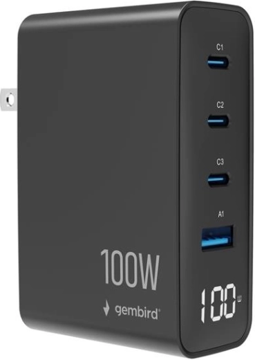 Gembird univerzálna GaN nabíjačka 100 W s LCD, 3× USB‑C a 1× USB‑A, čierna