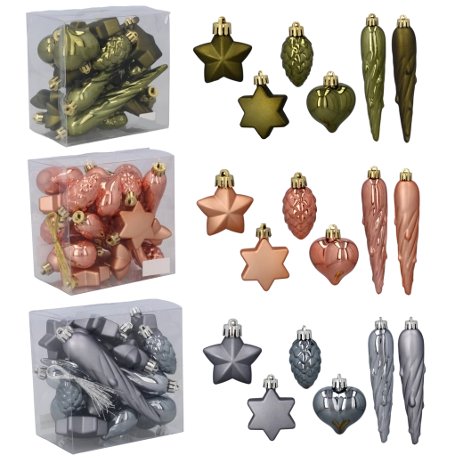 Sada 20 plastových vianočných ozdôb – olivová, medená a grafitová, 4 cm
