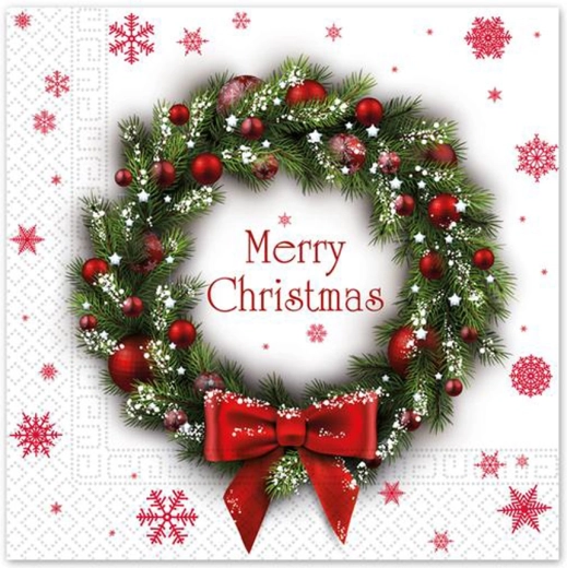 Vianočné papierové servítky 33 × 33 cm, 3-vrstvové, motív veniec, 20 ks