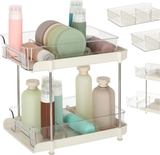 Dvojúrovňový akrylový organizér s výsuvnými policami a prepážkami