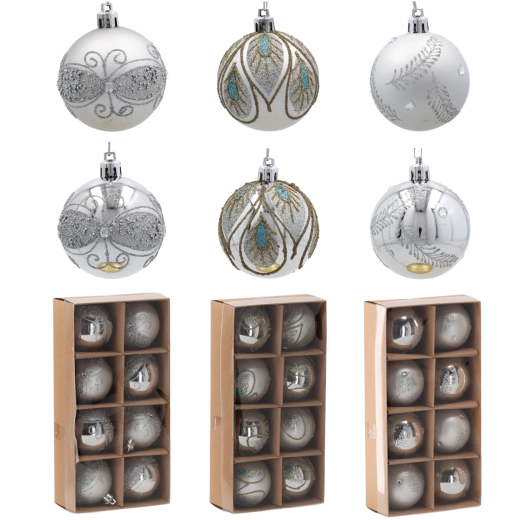 Sada strieborných vianočných gulí 6 cm – nerozbitné ozdoby na stromček, 8 ks