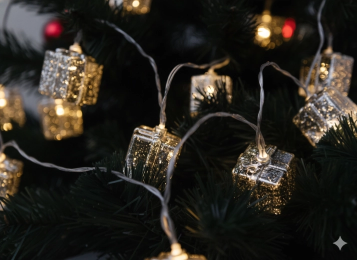 Svetelná reťaz LED so striebornými darčekmi, teplá biela, 10 LED