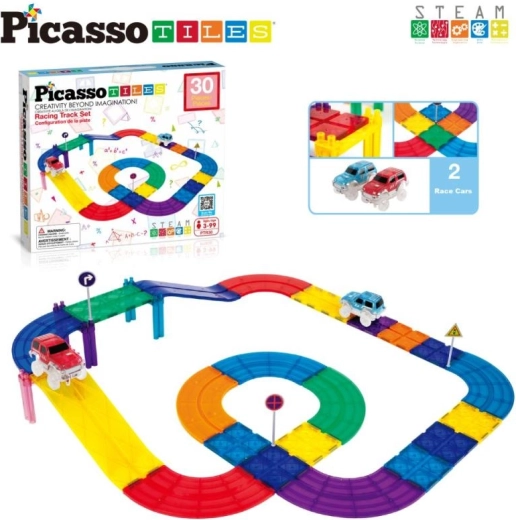 PicassoTiles magnetická stavebnica – pretekárska dráha s autíčkami (30 ks)