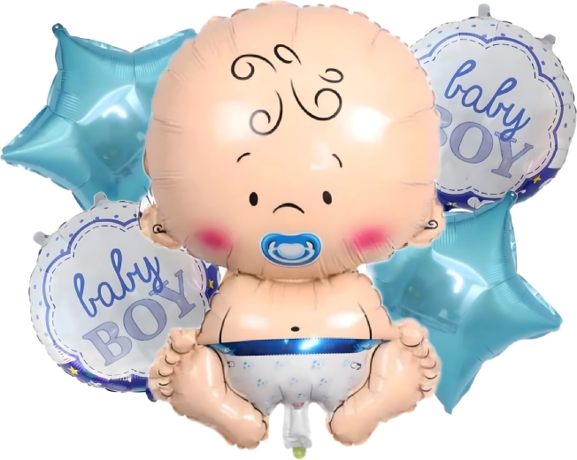 Balóny na baby shower pre chlapčeka – sada 5 ks s motívom bábätka a hviezdičiek