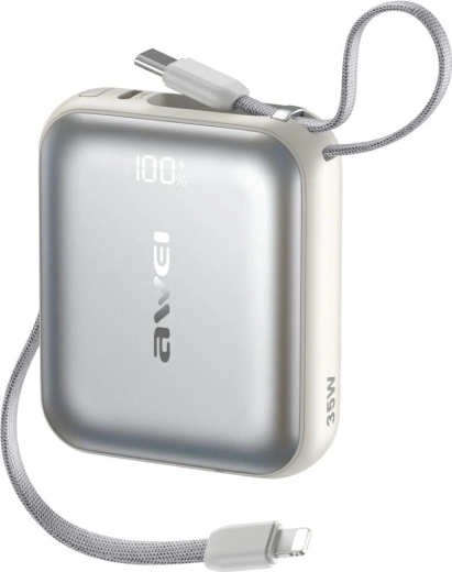 Powerbanka AWEI AS-181 10000 mAh, 35 W, so zabudovanými káblami Lightning a USB‑C, strieborná
