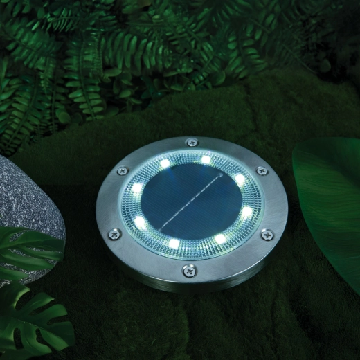 Solárne LED svietidlo do zeme alebo na stenu, okrúhle, studená biela, 12 cm