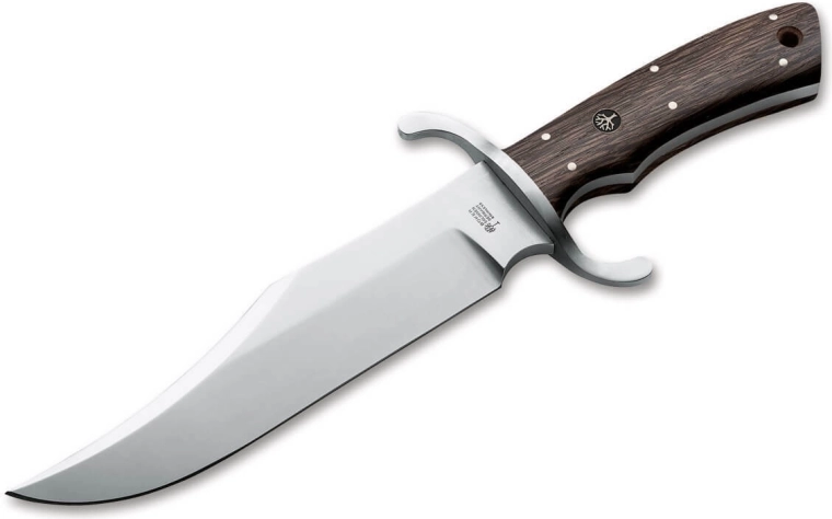 Böker Bowie N690 outdoorový nôž s dubovou rukoväťou a koženým puzdrom 19,8 cm