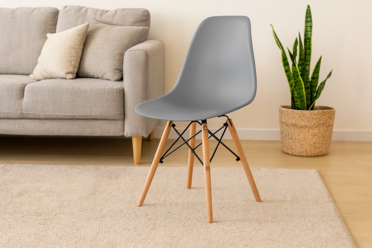 Moderná sivá jedálenská stolička na drevených nohách