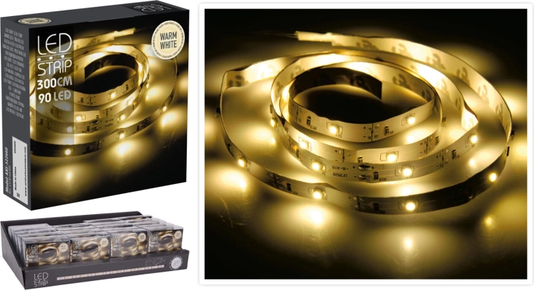 LED svetelný pásik 3 m, 90 LED, teplá biela, na batérie