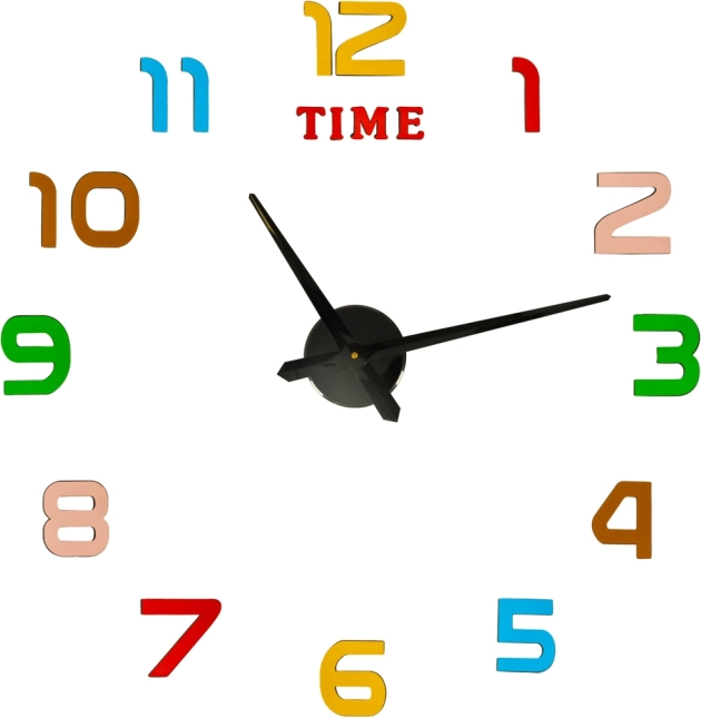 Nalepovacie nástenné hodiny DIY, priemer 80–90 cm, farebné číslice, čierne ručičky
