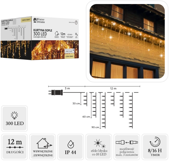 LED svetelná reťaz – cencúle, 300 LED, teplá biela so studeným flash efektom, 12 m