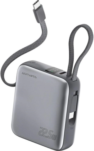 Powerbanka 4smarts Pocket Dual Cord 10000 mAh 22,5 W so zabudovaným káblom USB‑C, sivá