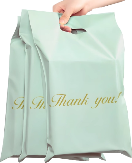 Foliopakety/mailerové tašky s uchom 400 × 500 + 70 mm, mentolové, 50 ks, nápis THANK YOU