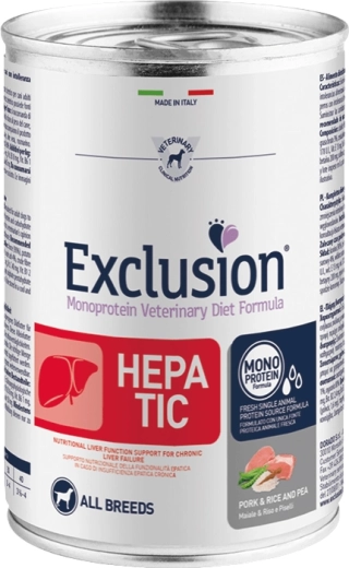 Exclusion Hepatic konzerva pre psy bravčové s ryžou a hrachom 400 g