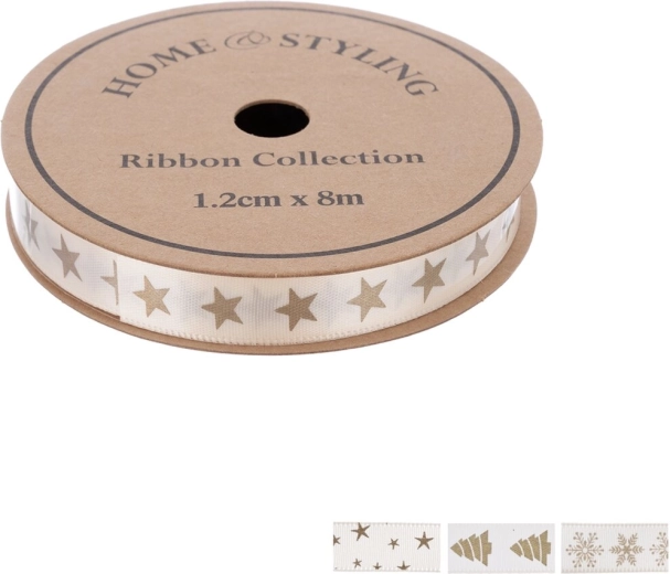 Home Styling vianočná dekoratívna stuha béžová so zlatou potlačou 1,2 cm x 8 m