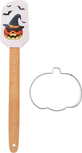 Halloweenska silikónová kuchynská stierka s drevenou rukoväťou a vykrajovačom tekvice