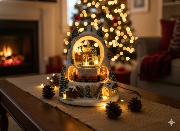 Vianočná LED zimná dedinka s vláčikom, hracia skrinka 23 × 23 × 25,5 cm