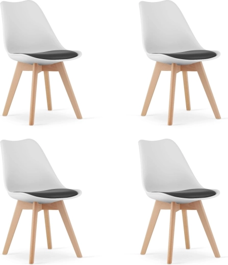 Sada štyroch čiernobielych stoličiek s drevenými nohami