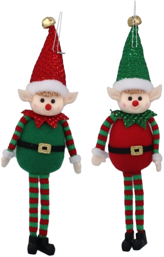Vianočný visiaci elf z filcu s trblietkami 10 × 28 cm, červeno‑zelený, sada 6 ks