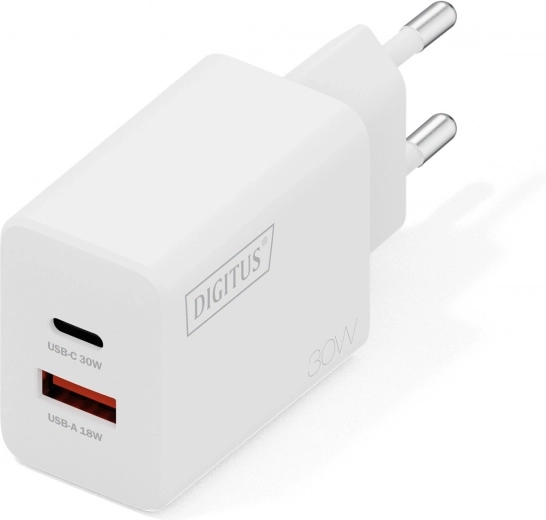 Sieťová USB GaN nabíjačka 30 W, 1× USB‑C a 1× USB‑A, biela
