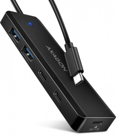 Cestovný USB‑C hub AXAGON, 4‑portový 5Gbps (2× USB‑A, 2× USB‑C) s napájaním USB‑C a káblom 19 cm