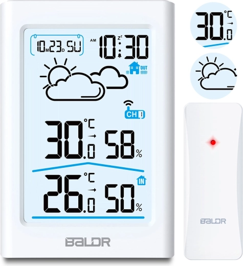 Biela bezdrôtová meteorologická stanica s LCD displejom a hygrometrom