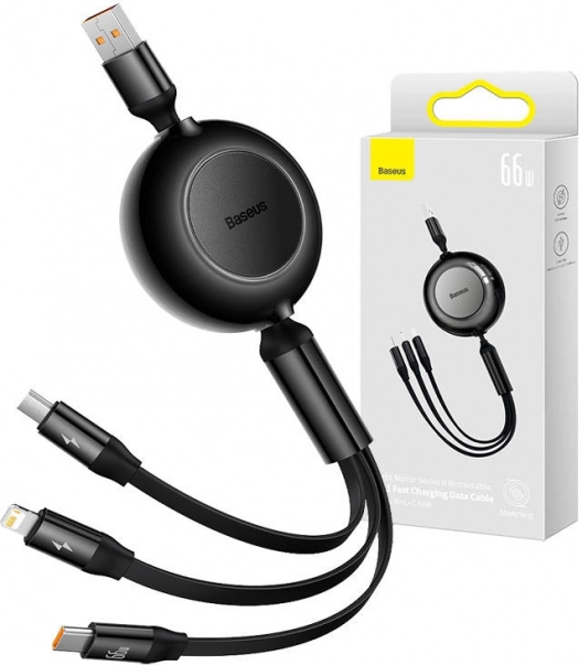 Baseus Bright Mirror 3 USB kábel 3 v 1 pre micro USB, USB‑C a Lightning 66 W 1,1 m – čierny