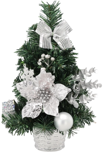 Strieborný vianočný stromček 30 cm v kvetináči s ozdobami