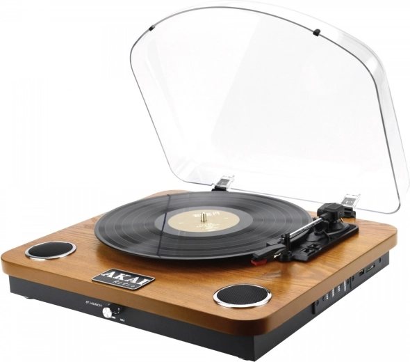 Gramofón AKAI v retro drevenom vyhotovení s Bluetooth, USB a SD
