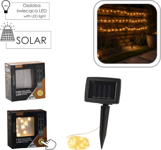 Solárna LED svetelná reťaz na drôtiku, 100 LED, teplá biela, 11,9 m