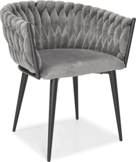 Čalúnená zamatová stolička do jedálne a obývačky, sivý velúr, čierne kovové nohy