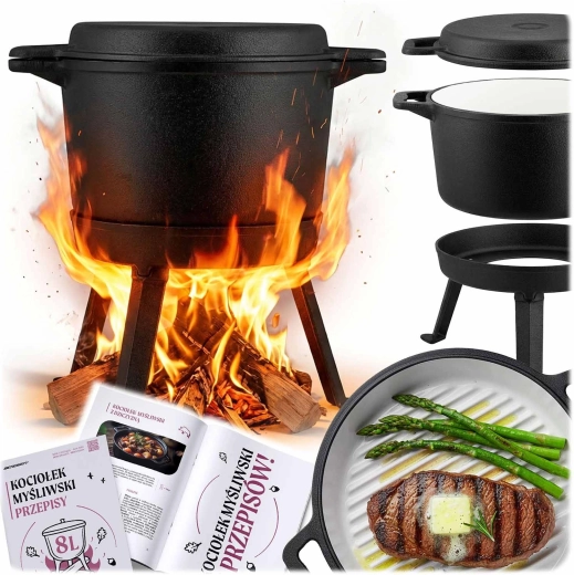 Liatinový smaltovaný kotlík 8 l so stojanom a grilovacou panvicou