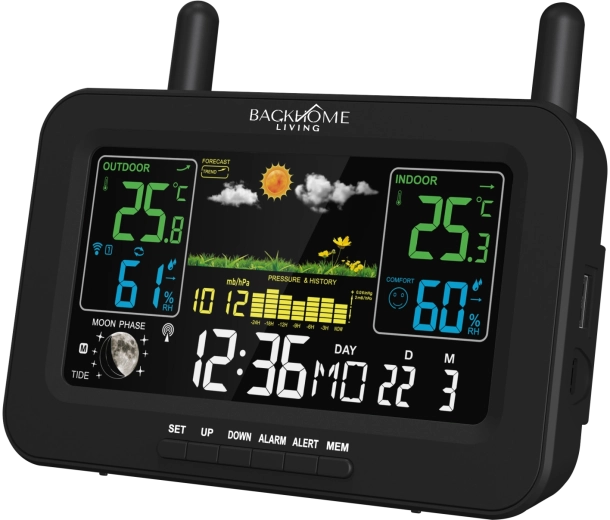 BackHome Living multifunkčná meteorologická stanica RCC napájaná zo siete aj na batérie čierna 16,5 × 4,5 × 13,5 cm