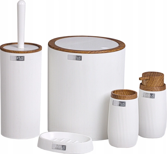 Okrúhla kúpeľňová sada 5 ks biela s imitáciou dreva