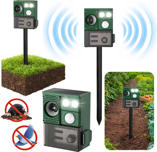 Solárny ultrazvukový odpudzovač zvierat s PIR senzorom a LED