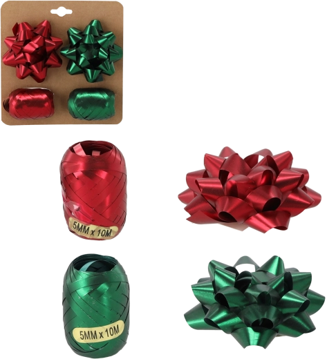 Sada na balenie darčekov – zelená a červená (2 stuhy + 2 mašle)