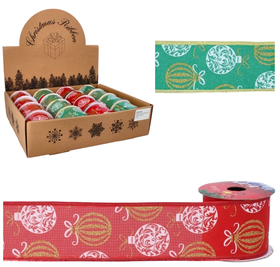Vianočná dekoračná saténová stuha 6,3 cm × 2,7 m s motívom ozdôb