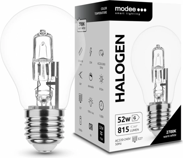 Modee halogénová žiarovka Classic A55 52 W E27, 815 lm, teplá biela