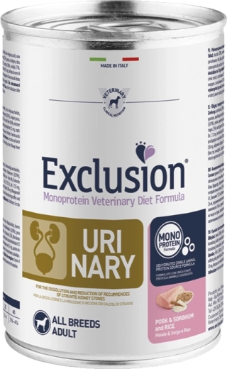 Exclusion Urinary konzerva pre psy všetkých plemien, bravčové so sorgom a ryžou 400 g