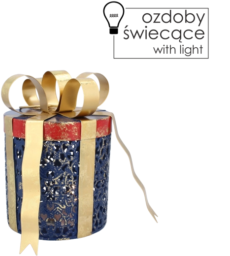 Kovová vianočná dekorácia darček s LED osvetlením, modrá so zlatou mašľou