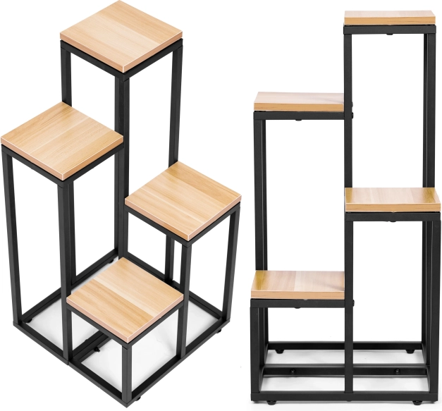 Stojan na rastliny s policami - 4 úrovne, kov a MDF svetlo orechový ModernHome